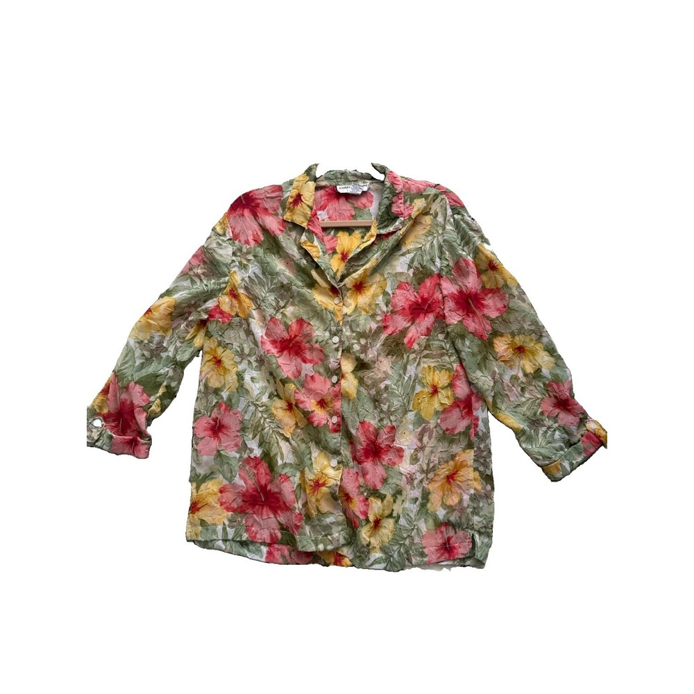Cathy Daniels Womens Top Size M Button Up Sheer Blouse Tropical Floral Textured